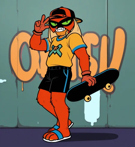 high resolution, best quality, 4k, solo, male, side view, backwards baseball cap, skateboard, holding skateboard, backwards peace sign, graffiti background, <lora:Brak_-_Space_Ghost_IL:0.95> br4k, alien, orange mask, green sclera, black pupils, slit pupils, fangs, tusks, orange fur, orange gloves, sandals, shorts, sports jersey