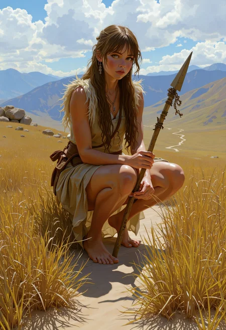 SWMS, masterpiece, best quality, ultra high resolution, a masterpiece that captures the captivating charm of a beautiful painting decorated with baroque patterns. A young adult huntress from the Stone Age crouches low in the tall, wild grasses of a vast, untamed landscape. Her bare feet press into the cool earth, leaving faint imprints as she silently stalks her prey. Her skin, weathered by the elements, is smeared with dirt and natural pigments, giving her a fierce, primal appearance. She wears a simple, fur-lined tunic made from animal hides, draped loosely over her muscular frame, with bone and stone beads strung around her neck. Her hair, long and wild, is tied back with a strip of leather, revealing sharp, focused eyes that scan the horizon for movement. In her hands, she grips a hand-carved wooden spear, ready to strike at any moment. The world around her is harsh and untamedâdistant mountains loom under a vast, cloud-streaked sky, while the wind whistles through the scattered trees and rugged terrain. Every sound, from the rustling leaves to the call of distant animals, is a reminder of the wild and dangerous life she leads. (prehistoric, primal, survival, detailed, atmospheric detailed drawing   <lora:FLUX - SWMSF - Styles for FLUX ( detailed drawing, swms ):1> <lora:FLUX - Surreal_Photo (Glitter):0.6>
