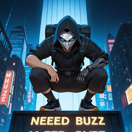 masterpiece, best quality, 2d, mrporty, absurdres, dramatic lighting, volumetric lighting, dim lighting,
1boy, human, solo, young male, (white owl mask with glowing blue eyes), cyberpunk, techwear, black hoodie, backpack, forearms, cybernetic lines, single black prosthetic right arm, black cargo pants, belt, black knee socks, black sneakers with white soles, looking at viewer, crouching,
outside, night, city, on top of a building, ((behind him is a single large billboard displaying a message in bright letters: "NEED BUZZ")), background focus