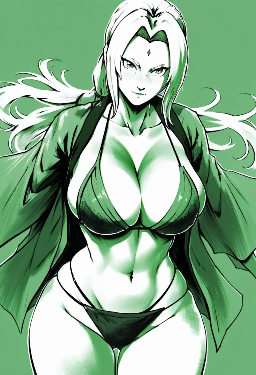 score_8_up, score_7_up, score_6_up, score_5_up, score_4_up, source_anime, monochrome, masterpiece, best quality, 1girl, Tsunade (Naruto) forehead mark, bikini, huge breasts, japanese kimono, wide hips, looking at viewer, meduim hair, green background, solo,