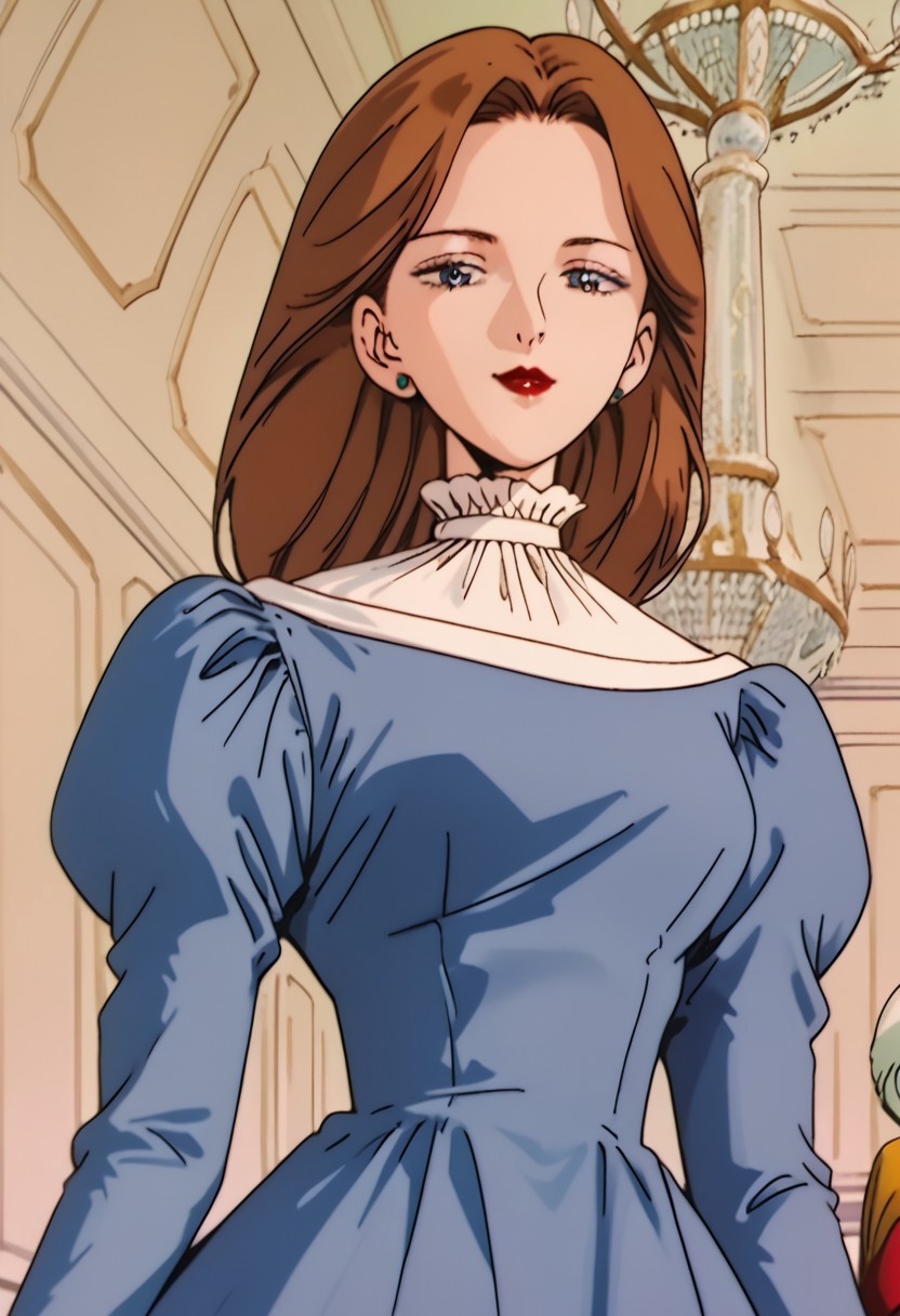 score_9, score_8_up, score_7_up, best quality, retro artstyle, anime screencap, source_anime, anime_screenshot, masterpiece, detailed anime, detailed face, beautiful face, perfect eyes, beautiful eyes, looking at viewer, solo, dutch angle, cowboy shot, 1girl, Countess_Rose, solo, dress, brown_hair, blue_dress, long_hair, long_sleeves, jewelry, earrings, puffy_sleeves, juliet_sleeves, long_dress, large breast, frilled_collar, frills, puffy_long_sleeves, collar, lipstick, makeup, purple_eyes, red_lips, lips, mature_female, green_stud_earrings, frilled_shirt_collar, low-tied_long_hair, hair_bobbles, NEGATIVE_HANDS