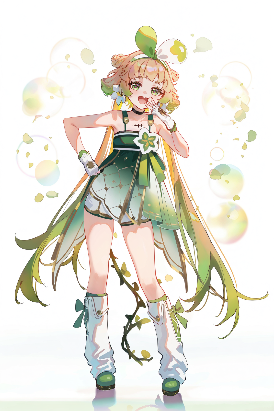 8k, best quality, masterpiece, (ultra-detailed), (high detailed skin), 
((artist:reoen),(artist:fuzichoco),(artist:atdan),(artist:torino_aqua),year 2024:0.8)1girl, [artist:wlop], [artist:ningen_mame], artist:ciloranko, [[artist:rhasta]], artist:tidsean  colorful, detailed light, light leaks, sunlight, bokeh, blurry foreground, ray tracing, lens flare, cinematic lighting, 
full body, full shot, standing, looking at viewer, (solo:1.2), simple background, (white background:1.2), hand on own hip, white background, 
<lora:vlinai-noob-Tanger:0.8>, vlinai, default clothes, Green vine tail, 1girl, long hair, green eyes, gloves, fingerless gloves, very long hair, multicolored hair, choker, Black chest tattoo, 
mesugaki, ridicule, laughing, 
A full-body portrait of a young girl, standing gracefully, pastel art style, high-key lighting, shoujo manga influence, hd quality, delicate details,