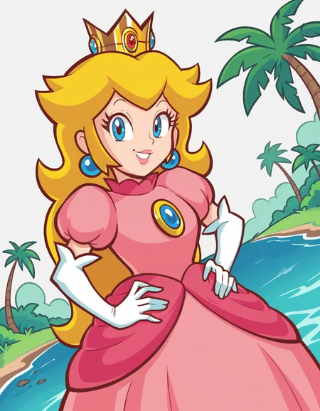 score_9, score_8_up, score_7_up, source_anime, <lora:super-princess-peach-ingame-ponyxl-lora-nochekaiser:1>, princess peach, blonde hair, blue eyes, long hair,, crown, dress, gem, gloves, pink dress, puffy short sleeves, puffy sleeves, short sleeves, white gloves,, island, water, tropical, trees, isolation, smile, smug, hands on own hip,, looking at viewer, solo,, dutch angle, cowboy shot