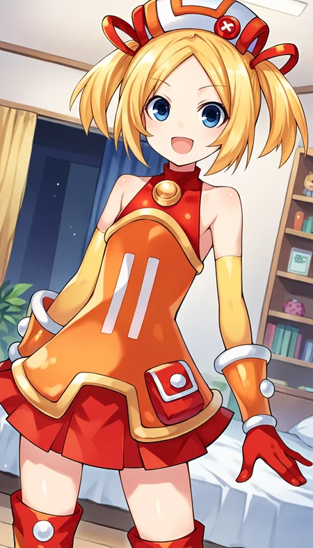 score_9, score_8_up, score_7_up, source_anime, 1girl, solo, blonde hair, parted bangs, blue eyes, two side up, short hair, short, flat chest, smile, open mouth, bare shoulders, red boots, red orange dress, red skirt, red gloves, white hat, elbow gloves, standing, looking at viewer, dutch angle, cowboy shot, indoors, <lora:B-Sha_Neptunia_PonyXL:0.8>, B-Sha \(neptunia)\