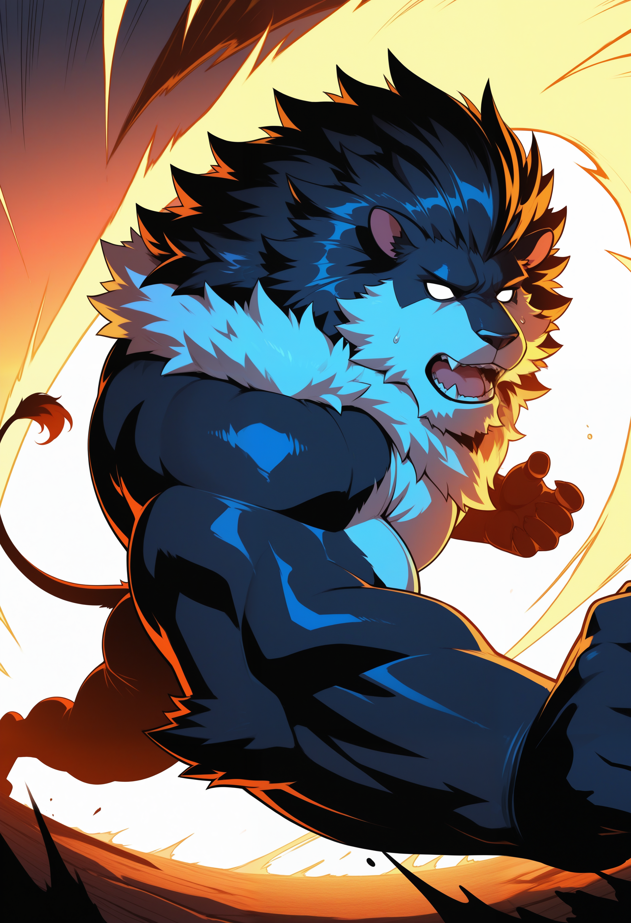 masterpiece,best quality,amazing quality, 1boy, solo,  lion boy, bara, black fur,  attack, no pupils,