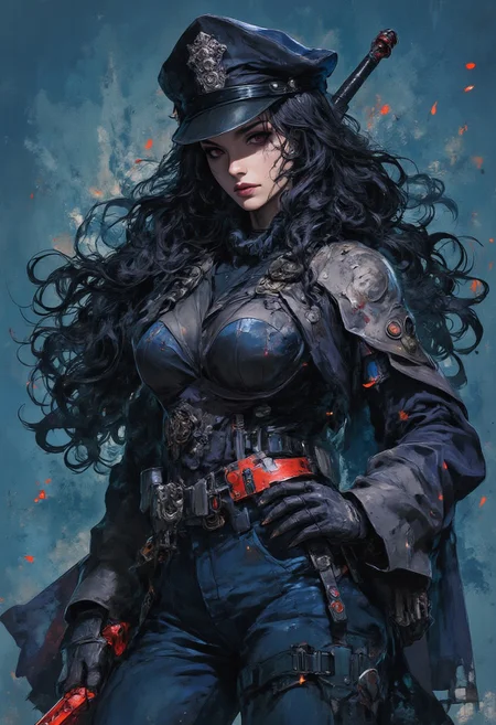 Highly detailed and dramatic digital artwork featuring a striking and dynamic style, color scheme with bold accents. The layout is vertical, focusing on a single subject: a sexy female character with long, flowing hair and a confident stance. The character wears sexy form fitting dominatrix outfit, including a peaked cap adorned with an emblem, and a belt with pouches. The uniform is detailed with straps and zippers, rendered in shades of black and gray with beautiful medium perky breasts, cleavage, sideboob and cameltoe, dark gloves, and blue jeans. she holding red sword, The background is a muted blue with various shades that look like ink splatters, enhancing the dramatic effect of the image. The overall composition conveys a sense of power and authority, with the background suggesting intensity and energy.