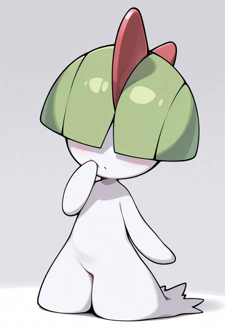 masterpiece, best quality, amazing quality, solo, ralts, pokemon\(creature\), chibi, white body, short hair, bangs, green hair, red horns, hair over eyes, hand up