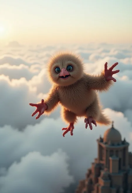 A cute huge fluffy bird-like creature with (really big eyes) and a (cute owl face) in the air in front of an ancient Greek mythological city in the clouds. It has brown and red feathers. The creature has little dinosaur arms. a dream world shifting landscapes, and ethereal creatures, Captured with a Hasselblad X2D 100C and an 80mm f/1.9 lens, hyper-realistic textures, soft studio lighting, elegant shadows, incredible realism, creamy bokeh, ultra-detailed textures, perfect lighting, 4k