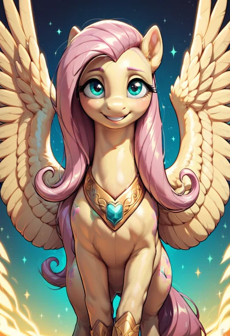 core_9, score_8_up, score_7_up, score_5_up, Fluttershy seraphim, pony, Fluttershy antro, wings with eyes, attention to the wings, divine presence, ethereal glow, heavenly light, highly detailed, vibrant colors, realistic textures, intricate details, high definition, ultra realistic textures, best rendering quality, mystical creature with hundreds of eyes and wings