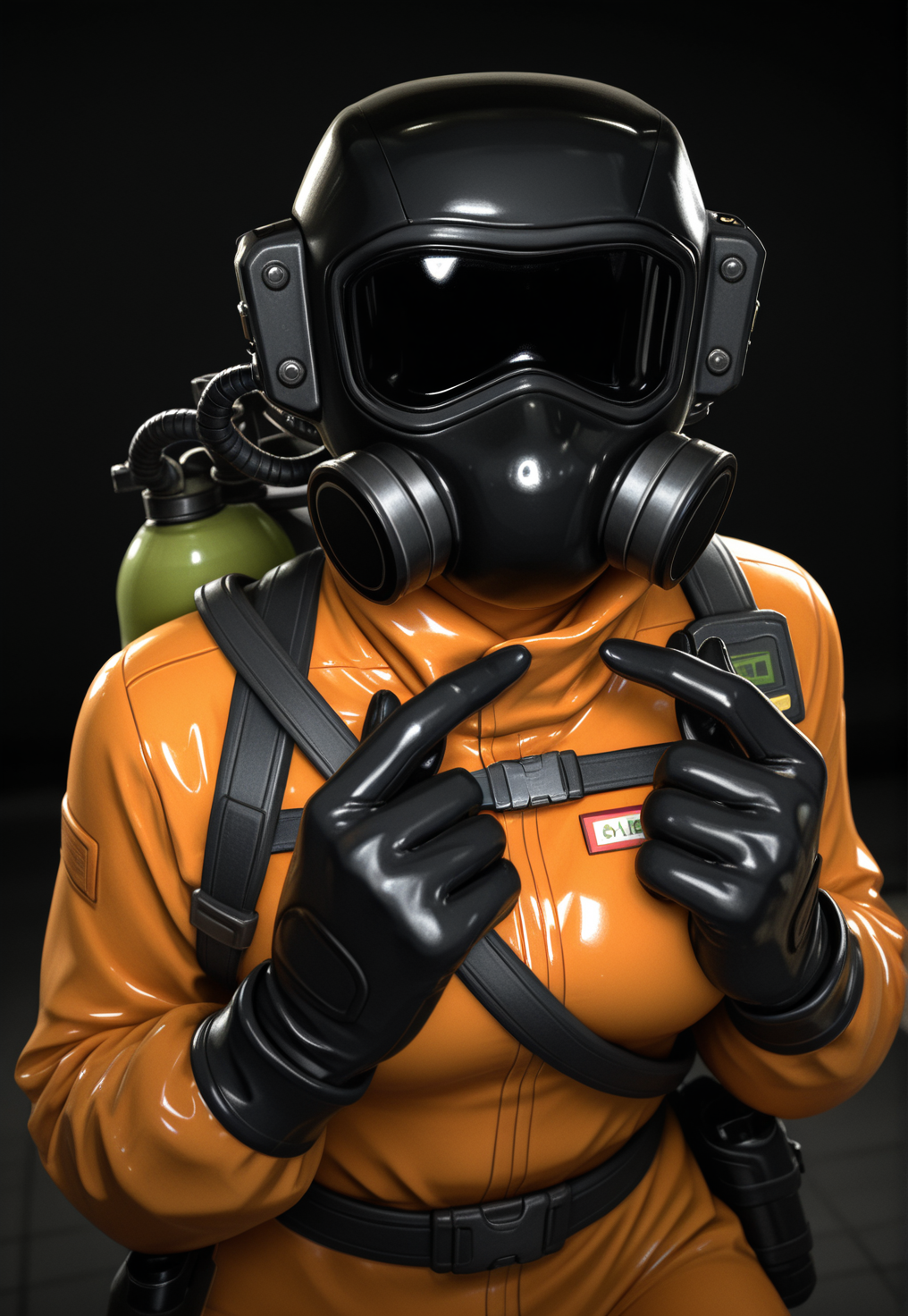 1girl, employeelethal, orange bodysuit, black gasmask, dark background, backlight,  absolutely eye-catching, bokhe, blurry background, touching fingertips, blush stickers, shy, dynamic angle,rtx, ray tracing, sexy,pinup:1.2,depth of field, cinematic, (masterpiece, best quality), safe, amazing quality, very aesthetic, absurdres, highres, newest, RAW, <lora:NOOB_vp1_detailer_by_volnovik_v1:0.7>,  <lora:Employeev2:0.7>