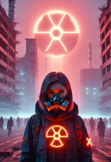 4D render, Chernobyl disaster, nuclear , Apocalypse,girl, detailed face, portrait, glowing x, minimalist outfit, anti social , ,cyberpunkartstyle,ruined ancient city,Professional styling, intricate details,8k post production, faithful, Religious denomination,