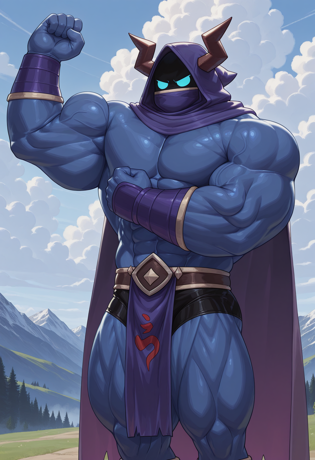 solo, male focus, phy5is, horns, hood, muscular, black underwear, loincloth, cloak, flexing, purple bracers, outside, sunny, clouds,
perfect anatomy, masterpiece, perfect quality, best quality, detailed, newest, very aesthetic
<lora:Illustrious\Physis_ParadisoGuardian_V1_ILXL:1.0>