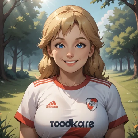 score_9, score_8, BREAK, solo, mii, wii, wii sports, 1girl, female mii, cute, plump, fat, chubby, blonde hair, blue eyes, RiverPlate, striped shirt, striped, shirt, white shirt, short sleeves, clothes writing, sportswear, soccer uniform, Megan_(Wii_Sports), big breasts, (((adult female, mature female))), sexy pose, self portrait, smile, outdoors, sunlight, shadows, evening lighting, natural lighting, forest, trees, grass, orange sky, sunset