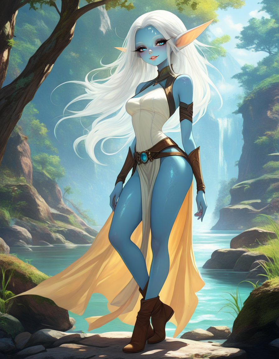masterpiece, best quality, very aesthetic, absurdres,
outdoors, 
full body,  posing,
seductive smile, parted lips, long eyelashes,
 <lora:Kiki_v01_NAIXL:1>,Kikimb,1girl,solo,elf,long hair,white hair,long pointy ears,blue eyes,colored skin,blue skin,