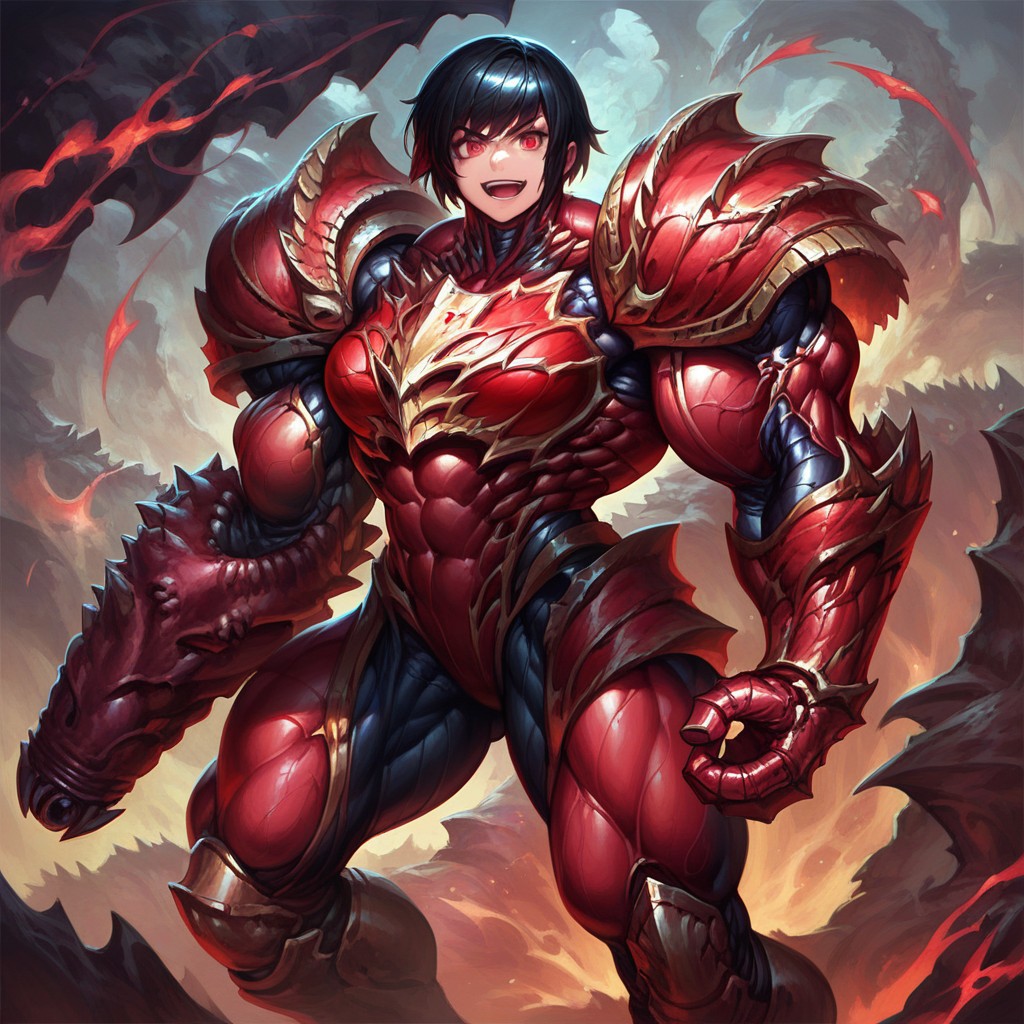 (masterpiece, best quality, score_9, score_8_up, score_8:1.1), 
(Organic Armor, Monster:1.3), red armor, chaos warrior, world bearers, power armor, shoulder pads, (power suit (metroid):0.3), muscular female, veins, large muscles, arm cannon,
(detailed background:1.3), 
1girl, red eyes, black hair, short hair, hair intakes, bangs,
smile, open mouth, teeth, fighting stance,