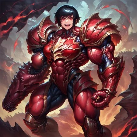 (masterpiece, best quality, score_9, score_8_up, score_8:1.1),
(Organic Armor, Monster:1.3), red armor, chaos warrior, world bearers, power armor, shoulder pads, (power suit (metroid):0.3), muscular female, veins, large muscles, arm cannon,
(detailed background:1.3),
1girl, red eyes, black hair, short hair, hair intakes, bangs,
smile, open mouth, teeth, fighting stance,