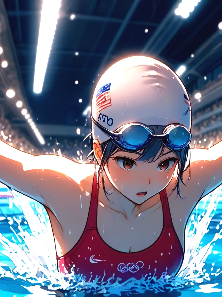 source_anime, close-up, from side, profile, butterfl_ystroke, lying on stomach, outstretched arms, arms behind back, head down, looking down, bent over, leaning forward, water flow, refraction, player swimsuit, splashing, skylight, swimming pool, olympic games venue, cinematic lighting, crowd, swim cap, cleavage, big tits, night, <lora:girllikebutterflystroke_pony:1>