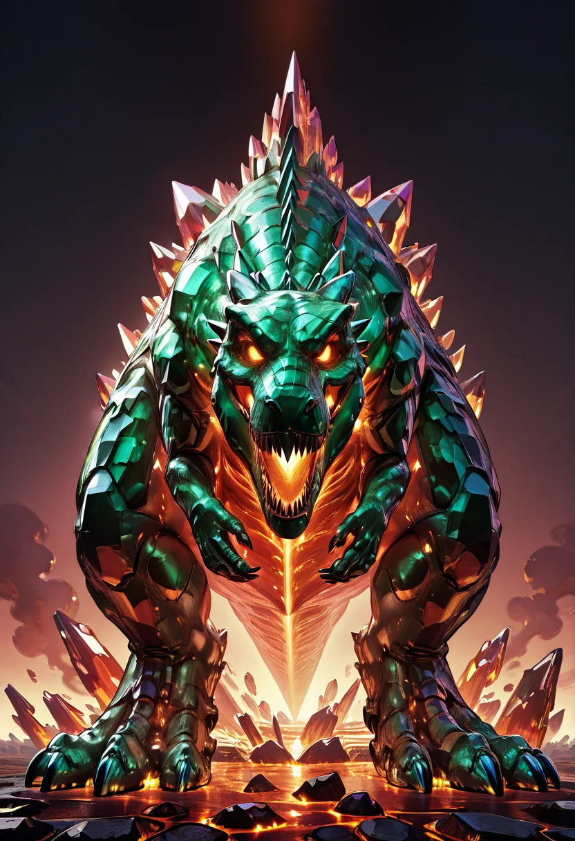 masterpiece, best quality, no humans, ,<lora:CrystalKingDino_IXL:1.0>, zzCrystalKing, crimson crystal scales, magma veins, ember eyes, smoke clouds, volcanic crater, lava flows, roaring stance, top-down perspective, molten glow, destructive atmosphere â Standing in the heart of a volcanic inferno, the zzCrystalKing glows with searing crimson heat. Its body pulses with molten veins, magma oozing from between crystal plates. The air shimmers with heat distortion as it roars into the ash-filled sky, embers cascading down its glistening form. The ground around it fractures with every footstep, lava surging at its command. It is not a creatureâit is cataclysm given form, a living eruption.