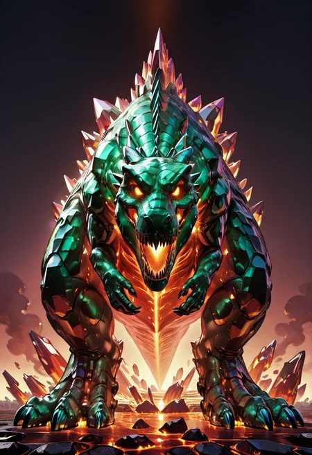 masterpiece, best quality, no humans,   ,<lora:CrystalKingDino_IXL:1.0>,  zzCrystalKing, crimson crystal scales, magma veins, ember eyes, smoke clouds, volcanic crater, lava flows, roaring stance, top-down perspective, molten glow, destructive atmosphere â Standing in the heart of a volcanic inferno, the zzCrystalKing glows with searing crimson heat. Its body pulses with molten veins, magma oozing from between crystal plates. The air shimmers with heat distortion as it roars into the ash-filled sky, embers cascading down its glistening form. The ground around it fractures with every footstep, lava surging at its command. It is not a creatureâit is cataclysm given form, a living eruption.