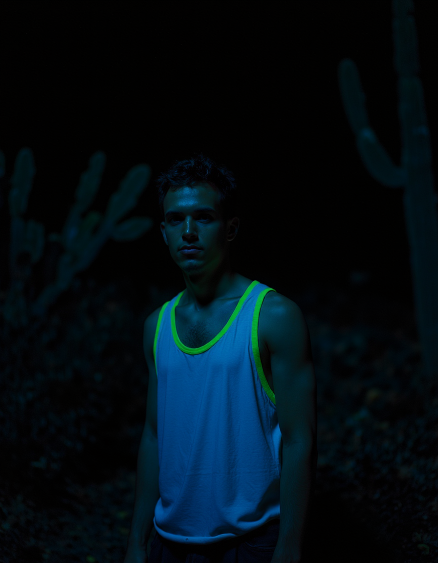 Noir photography style capturing a moody and mysterious night scene. The subject is a man standing outdoors, partially shrouded in darkness. His white tank top features glowing neon green trim, which becomes the focal point in the dim light. The background is filled with indistinct foliage and possibly cactus plants, adding to the enigmatic ambiance. High contrast between the dark surroundings and the illuminated elements creates a dramatic effect. The image evokes a sense of solitude and secrecy, typical of noir aesthetics.