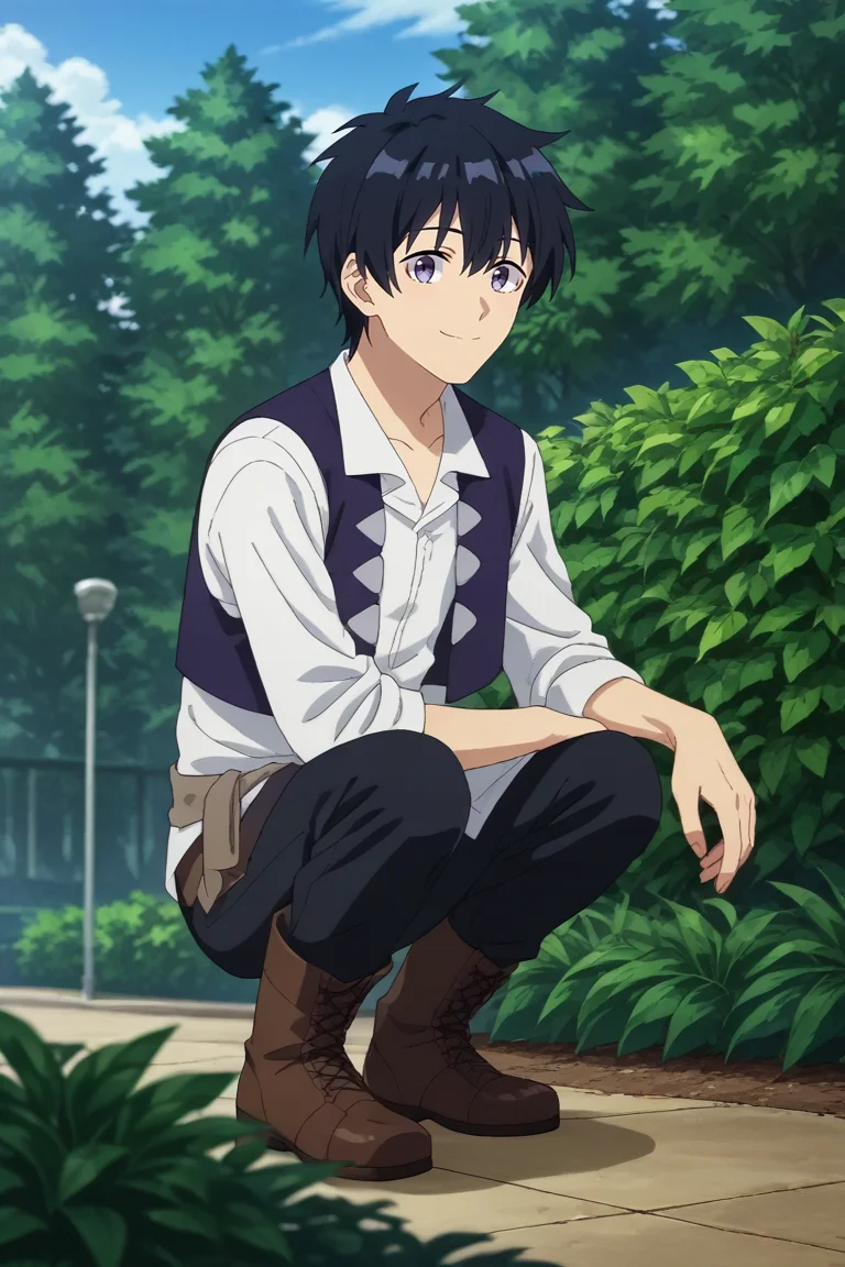 score_9, score_8_up, score_7_up,score_6_up,score_5_up,score_4_up,source_anime,BREAK, rating_safe, intricate details , , , anime screencap, anime coloring, official style, depth of field,1boy, solo, male focus , , ,  <lora:hikaru_machio:0.92>,hiraku machio,light purple eyes,black hair,short hair,bangs,hair between eyes,looking at viewer, smile, shirt,closed mouth, white shirt, full body,boots, pants, day, belt,vest,black pants, brown footwear, squatting,garden,outdoors,day,from below , , , <lora:sdxl_lightning_8step_lora_315544:1>