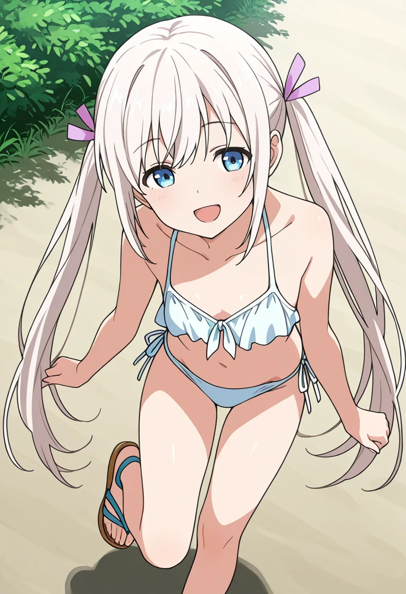 masterpiece,high quality details,
outdoors, 
 <lora:Komako_Semenovich:0.8>
komako_cnr, 1girl, white hair, very long hair, twintails, blue eyes,sidelocks, hair ribbon,
sandals, :d,side-tie bikini bottom,, =v=,