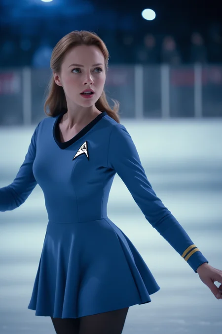 macro shot of a beautiful figure skater Pirouette in an ice rink at night, blue startrektos dress, atmospheric haze, dynamic angle, cinematic still, movie screencap, portrait, dynamic pose, 100mm f/2.8 macro lens, close-up<lora:TOSXL-000040:0.8>