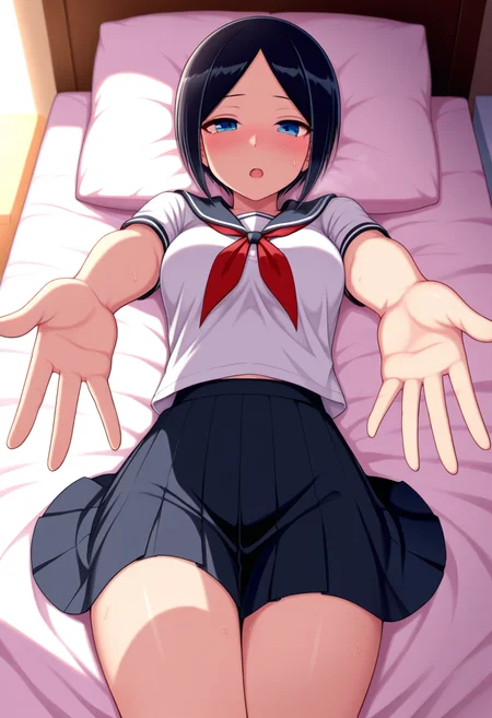masterpiece, best quality, amazing quality, 1girl, solo, eriww, blue eyes, black hair, short hair, parted bangs, medium breasts, school uniform, serafuku, shirt, white shirt, short sleeves, black skirt, pleated skirt, <lora:Eri_Todo_Iitai_Koto_wa_ill_v21:0.9>, looking at viewer, lying, on back, reaching out, outstretched arms, looking at viewer, pov, blush, open mouth, sweat, pillow, bed, bed sheet, skindentation, detailed clothing folds, depth of field, sharp, high contrast, dynamic light