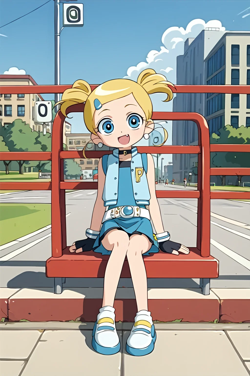 score_9, score_8_up, score_7_up, BREAK source_anime,masterpiece, best quality, highly detailed,absurdres, anime,highres,8k, shadow,uncensored,
, outdoors, simple background,   theme park,
, cowboy shot, sitting,full body,  1girl, pure smile, fang,
, presenting self, looking at viewer, , 
 , <lora:Miyako:0.8>,miyako transformation, blue skirt,vest,glove,earrings,blonde, <lora:StS_detail_slider_v1:2.0>