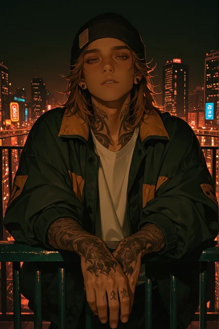 Masterpiece, Bestquality, Highresolution, a man with tattoos leaning against balcon railing leaning with both hands on railing, 1boy, tattoo, male focus, solo, shirt, jacket, hat, arm tattoo, railing, beanie, looking at viewer, white shirt, parted lips, jewelry, hyperdetailed, night city, semi-realism, handsome boy, detailed face, detailed eyes, brown eyes, 