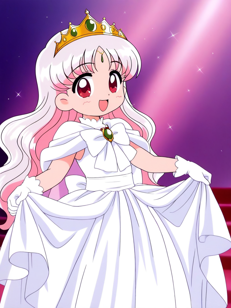 general,highres, ultra-detailed,very aesthetic,best quality ,best hands, BREAK <lora:Princess_Silver_Crayon_Oukoku_Ver2.0_IS:0.9>
Silver_Oujo(Crayon_Oukoku), 1girl, solo, long hair, white hair, pink hair, red eyes,
white dress, smile, gloves, long hair, open mouth, white gloves, 
gold crown, bow, :d, white bow, skirt hold, looking at viewer, tiara,
