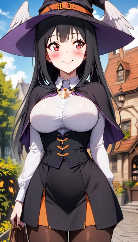 elris, 1girl, solo, ((long hair)), breasts, blush, smile, bangs, black hair, red eyes,outdoors, jewelry, large breasts, breasts,closed mouth, mole under eye, head wings,,cowboy shot,witch,witch hat,witch_outfit,capelet,skirt,pantyhose, <lora:elris_prodigy_v2_loopback_epochs:1>