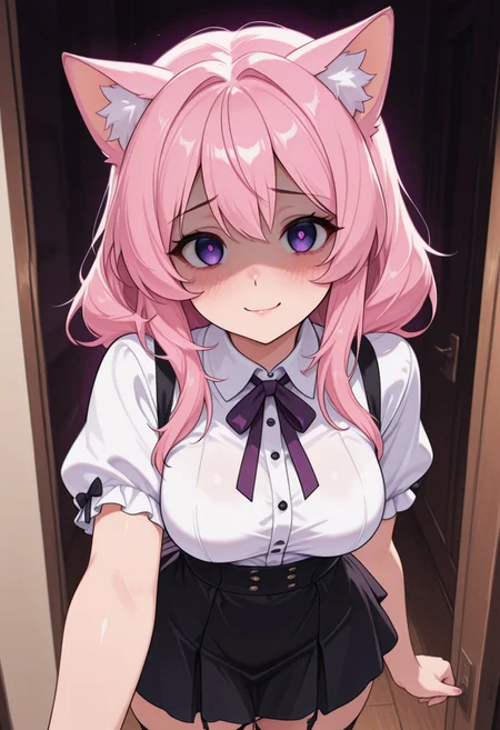 (masterpiece, best quality:1.3), purple_eyes, pink_hair, stockings with garter belt, cat_ears, yandere, shy, embaressed, medium breasts, loving_gaze, looking_at_viewer, BehindCatgirl, CatGirlStyle, white shirt with buttons, black skirt, adult, fashionable
