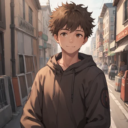 score_9,score_8_up, <lora:OtherStyle_06:0.6>,<lora:Hinata_Minoru-000011:0.8>,hinata minoru,brown hair,brown eyes,male focus,solo,twink, light smile,street,hoodie