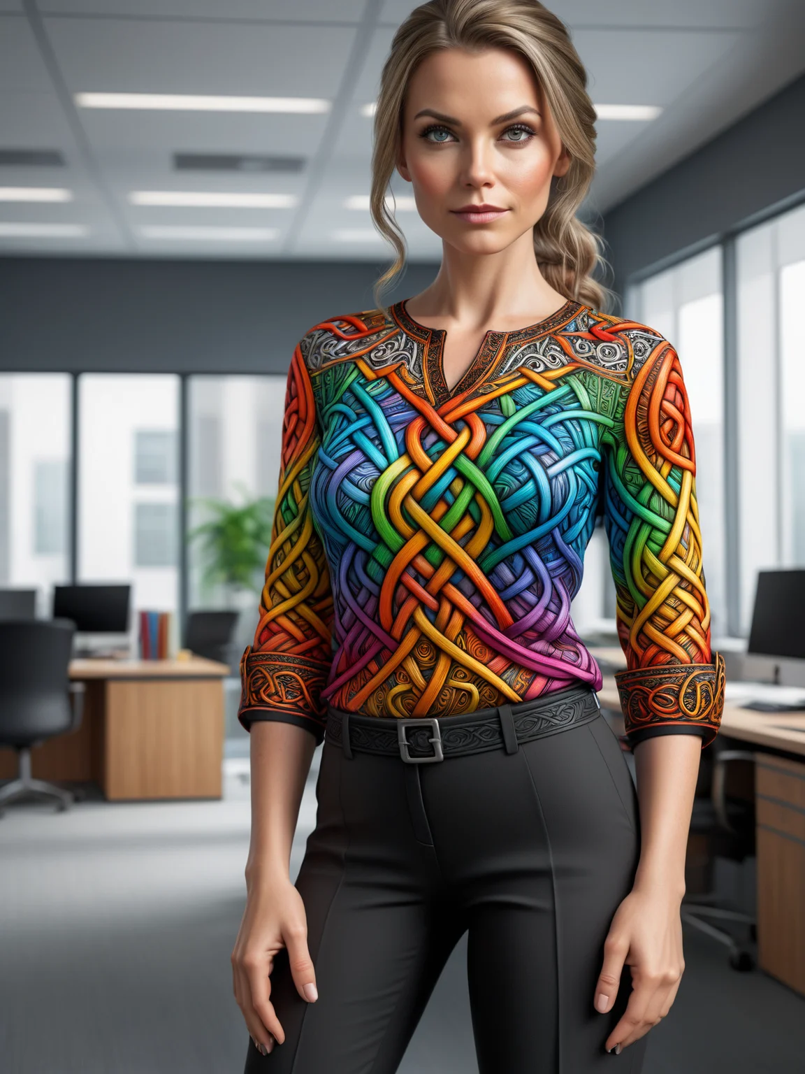 woman wearing a colorful mad-viking-knot blouse and black capris standing in (office:1.4), dynamic pose <lora:Colorful_Viking_Knot_SDXL:0.6>, (masterpiece:1.2), best quality, (hyperdetailed, highest detailed:1.2), high resolution textures