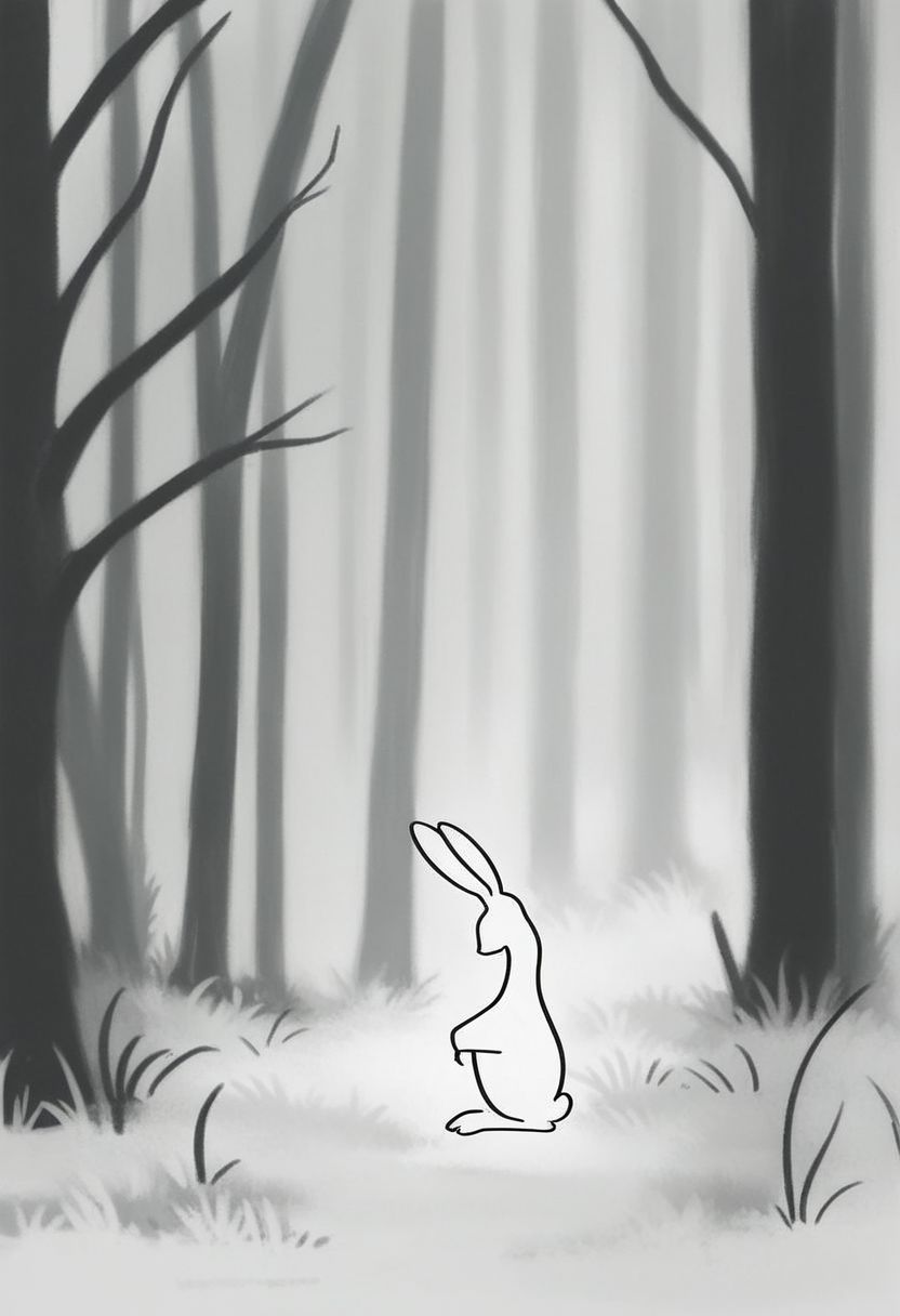 score_9, minimalism, rabbit in forest, greyscales