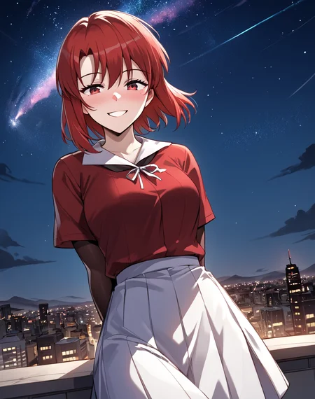 Judith_Zeron, red hair, short hair, red eyes, date clothes, red shirt, white long skirt <lora:Judith_Zeron-000017:0.8> BREAK outdoors, city, night, starry sky, arms behind back, smile, blush BREAK score_9, score_8_up, score_7_up, source_anime ,zPDXL,