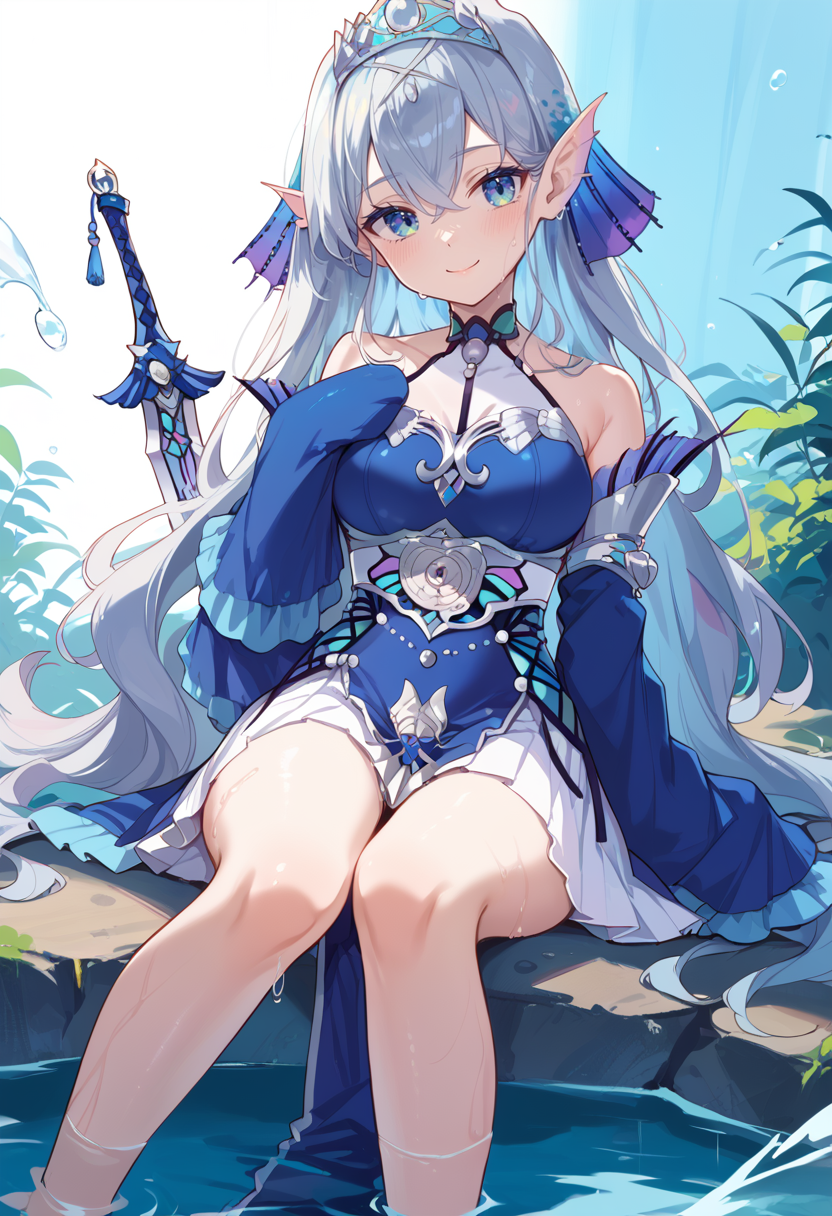 (score_9:0.9),score_8_up,score_7_up,rating_explicit,(zPDXL3),high res image,masterpiece,best quality,
<lora:Tearlaments Kitkallos PonyXL v5:0.74>,blue dress, tearlaments kitkallos, silver tiara, blue detached sleeves, 1girl, barefoot, solo, sword, sitting, toes, smile, blue nails, water, looking at viewer, medium breasts, wet, unusually human foot, mermaid, white pleated skirt, sleeves past wrists