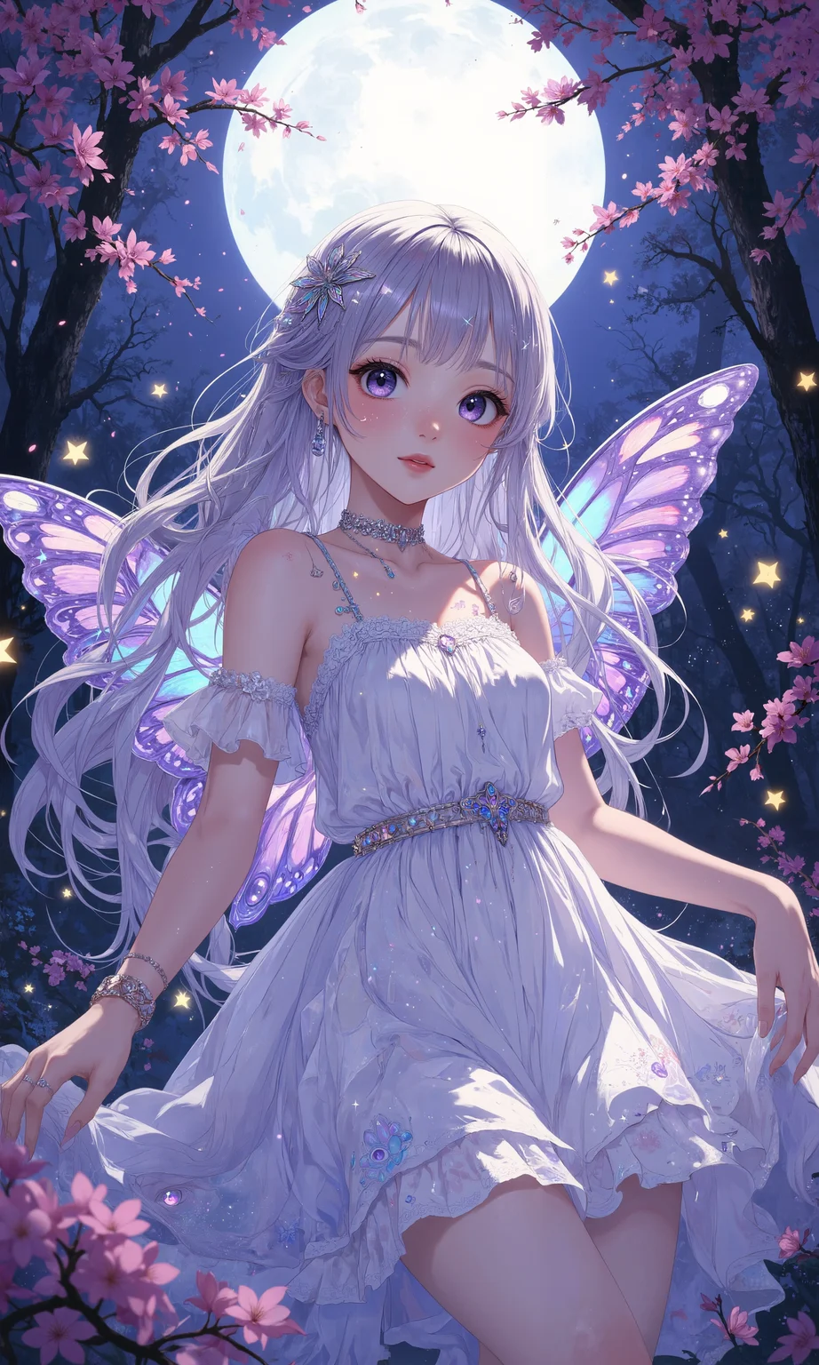 Ethereal anime girl with long, flowing silver hair and iridescent butterfly wings, wearing a delicate white dress adorned with crystal accents. Large, expressive violet eyes with star-shaped pupils, soft pastel skin. Surrounded by swirling cherry blossoms and glowing fireflies in a moonlit enchanted forest. Soft, dreamy lighting with hints of purple and blue. Detailed cel-shading, sparkling effects, and intricate linework. Masterpiece, best quality, highly detailed anime artwork. <lora:Anime v1.3:0.7> <lora:Mezzotint_Artstyle_for_Flux_-_by_Ethanar:0.4> <lora:Improved Amateur Realism:0.6> <lora:flux_dev:1>