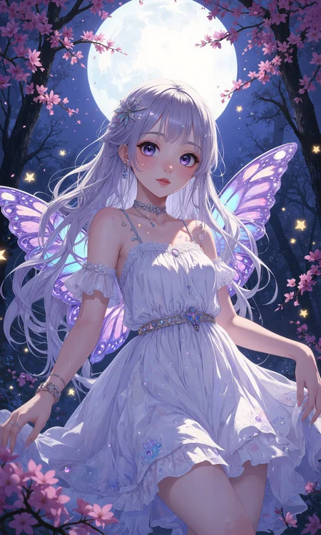 Ethereal anime girl with long, flowing silver hair and iridescent butterfly wings, wearing a delicate white dress adorned with crystal accents. Large, expressive violet eyes with star-shaped pupils, soft pastel skin. Surrounded by swirling cherry blossoms and glowing fireflies in a moonlit enchanted forest. Soft, dreamy lighting with hints of purple and blue. Detailed cel-shading, sparkling effects, and intricate linework. Masterpiece, best quality, highly detailed anime artwork. <lora:Anime v1.3:0.7> <lora:Mezzotint_Artstyle_for_Flux_-_by_Ethanar:0.4> <lora:Improved Amateur Realism:0.6> <lora:flux_dev:1>