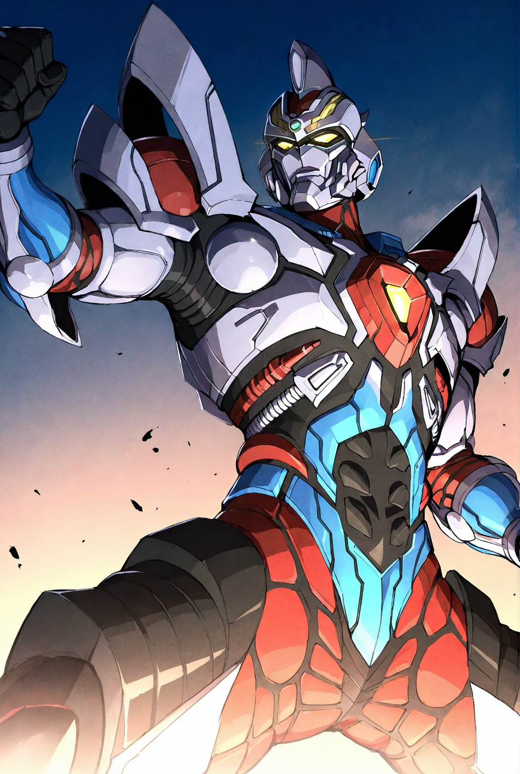 score_9,score_8_up,score_7_up,best quality,ultra-detailed,high resolution,digital painting,8k,1boy,solo, from below,male focus,bara,detailed face,mecha,robot,no humans,science fiction,yellow eyes,tokusatsu,glowing eyes,armor,super robot,spread legs,fighting stance,sky,<lora:add-detail-xl:1>,<lora:SSSS Gridman:0.8>,ssss gridman,
