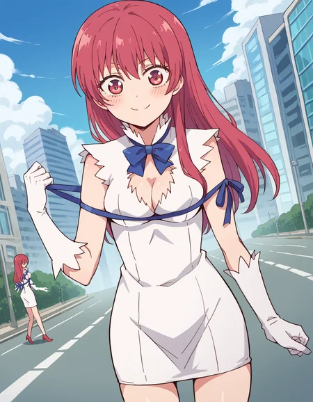 score_9, score_8_up, score_7_up, source_anime, <lora:saki-saki-s2-ponyxl-lora-nochekaiser:1>, saki saki, long hair, bangs, red eyes, red hair,, <lora:hestia-cosplay-ponyxl-lora-nochekaiser:1>, hestiacosplay, hestia (danmachi) (cosplay), blue bow, blue bowtie, bow, bowtie, cleavage, cleavage cutout, clothing cutout, dress, gloves, pencil dress, rei no himo, short dress, white dress, white gloves, blue ribbon, arm ribbon,, outdoors, cityscape, street, smile, blush, , cowboy shot, dutch angle
