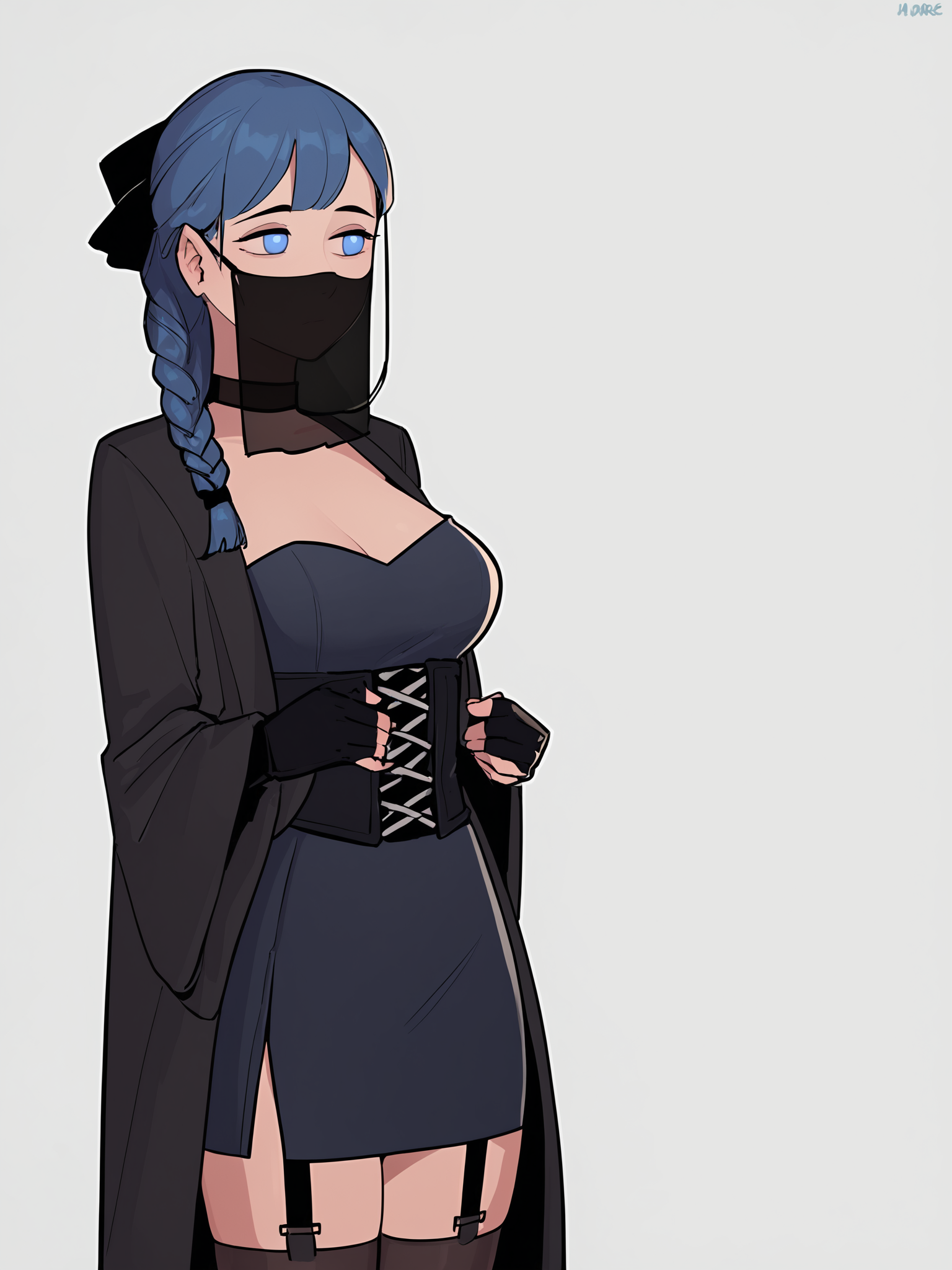 score_9, score_8_up, score_7_up, score_6_up, score_5_up, score_4_up,
BREAK
girl with blue hair, blue eyes, empty eyes, long hair, straight hair, bangs, mature female, black bow, hair bow, braided hair, black pupils, looking away,
BREAK
standing, medium breasts, black tank top, black shorts, black thighhighs, black fingerless gloves, black elbow gloves, strapless, garter straps, choker, (black coat:1.2), black veil, black mouth veil, black bridal veil, corset, thigh holster,
BREAK
white background, <lora:Lunas-MareTen-SDXL-A1:1>