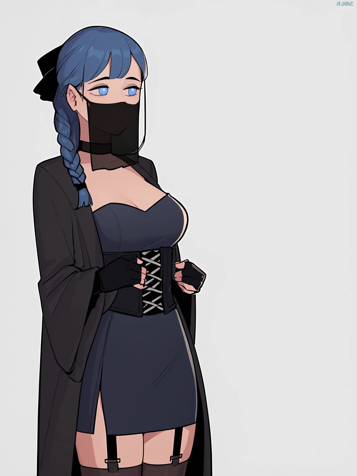 score_9, score_8_up, score_7_up, score_6_up, score_5_up, score_4_up,
BREAK
girl with blue hair, blue eyes, empty eyes, long hair, straight hair, bangs, mature female, black bow, hair bow, braided hair, black pupils, looking away,
BREAK
standing, medium breasts, black tank top, black shorts, black thighhighs, black fingerless gloves, black elbow gloves, strapless, garter straps, choker, (black coat:1.2), black veil, black mouth veil, black bridal veil, corset, thigh holster,
BREAK
white background, <lora:Lunas-MareTen-SDXL-A1:1>
