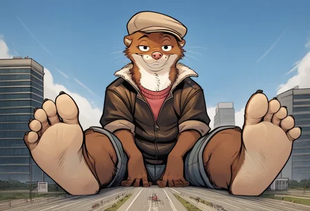 score_9, score_8_up, score_7_up, score_6_up, score_5_up, score_4_up, solo, source_furry, 1boy, city, smile, full body, seductive expression, solo, k-9
,
W33kly_BS, Weekly, Anthro Weasel, Lesser Weasel, brown weasel, brown fur, white chin, white neck, white inner ear, black eyebrows, black eyes, pink nose, whiskers, shortstack, tan hat, flat cap,  leather jacket, flight jacket, fleece collar, red sweater, khakis,
,
plantigrade, three toes, feet with three toes
,
(Sitting:1.4),  big feet, (macro, giant), looking at viewer, from below, feet focus, low-angle view, soles