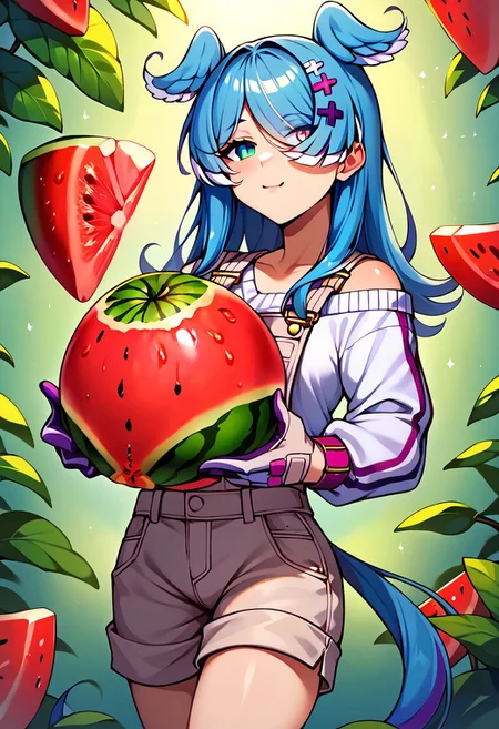 score_9, score_8_up, score_7_up, uncensored, source_anime, 1girl, <lora:speliraPendoraXLPony:1> elira1st, long sleeves, overalls, white sweater, off shoulder, single glove, one eye covered, overall shorts, melon, doily, food, fruit, melon