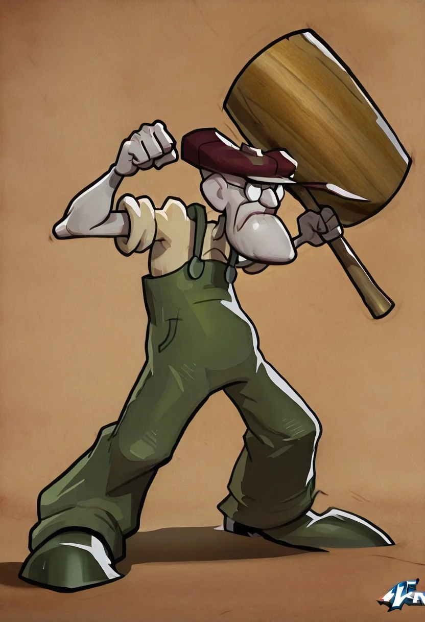 1 man,solo,Eustace,Bagge,Green overalls, yellow shirt, hat, glasses, grumpy expression,mallet,MarvelRivals,semi realistic, cartoon,Dynamic pose,acting pose,