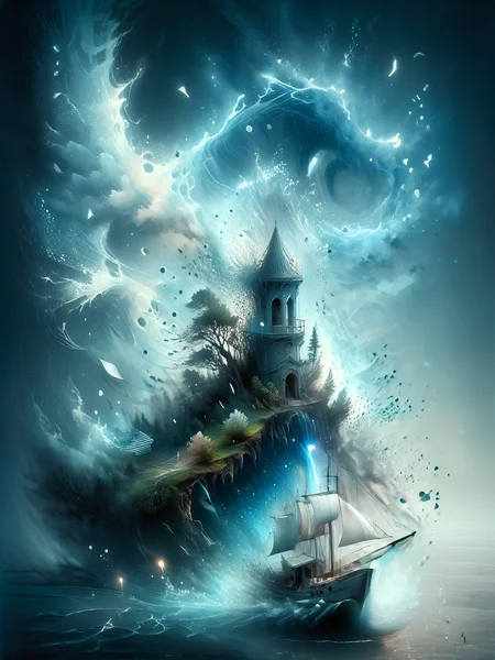 isometric cutaway page, sailboat, tower, island, light particles, lined lighting, in misty fog, dark fog background, 
curved trees, water vortex, reflections, wind vortex, damage paper, drowning, blue fog, white fog, 
emergency countermeasures, scorching weather, synthwave, 
fireflies, complex background, intricate details, 
suthin tones, hyperdetailed, muted colors, <lora:ral-dissolve>, <lora:Isometric Cutaway>, <lora:Flashfire_Glowing_Runes:0.6>, <lora:hkmagicV2:0.6>, <lora:xl_more_art-full_v1:0.6>, <lora:WildcardX-XL-Detail-Enhancer:1>, faded ink, ink smears, ink stains, ink splashes, ink illustration,