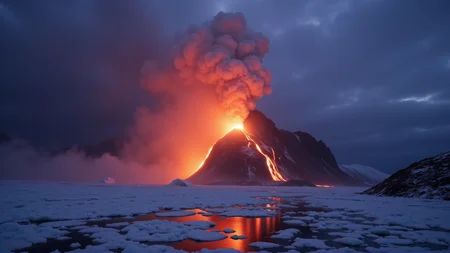 a river of lava pouring down a large volcano
the lave pours into an ice field raising (a huge cloud of steam from the ice's surface:1.5), the ice explodes into the air on contact with the lava
the light from the lava on the volcano can be seen as a glow through the steam