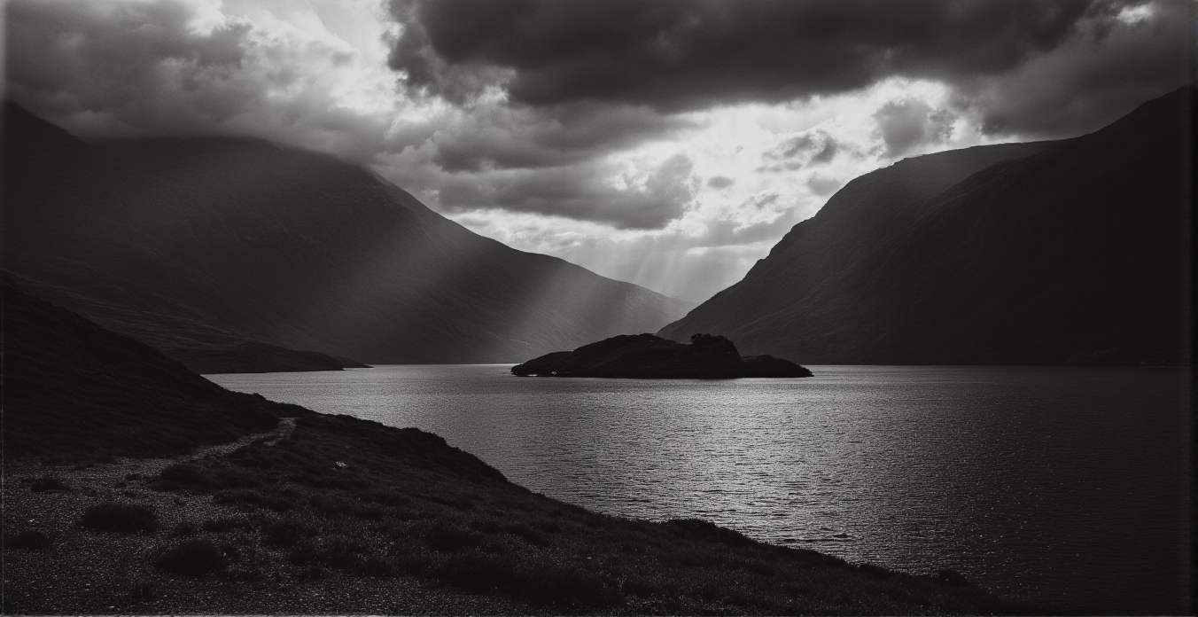 <lora:BWMonochrome:0.85> mono, grayscale, hyperrealistic, loch landscape, dramatic, moody, stormy sky, dramatic lighting,  mountains, towering, rugged, dark, dramatic clouds, dramatic light rays,  lake, calm, still water,  isle with vegetation, monument, pillar,  Scottish highlands, misty, atmospheric,  heavy clouds,  misty atmosphere,  detailed, high-contrast,  cold, detailed foliage, pathway, ground vegetation, subtle textures. . 35mm photograph, film, bokeh, professional, 4k, highly detailed